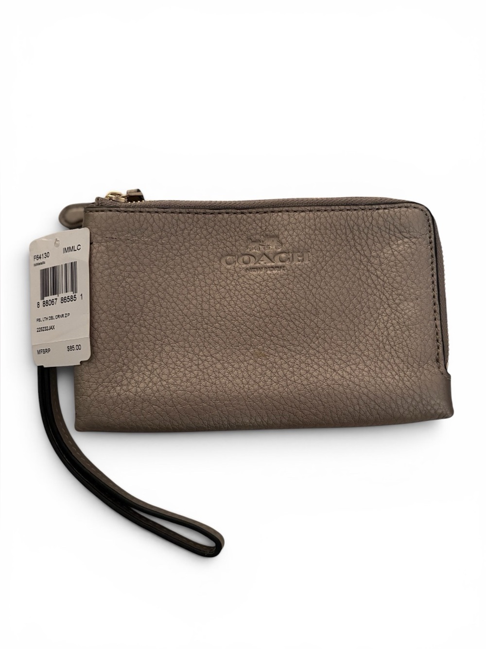 Coach Pebbled Leather Wristlet in Taupe with Gold Hardware